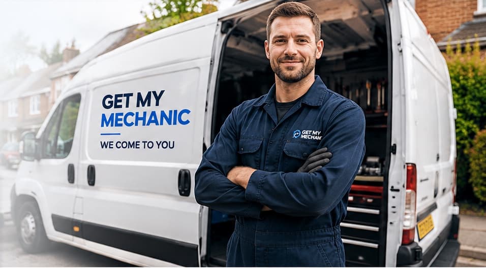 A Get My Mechanic mobile mechanic standing in front of his liveried van